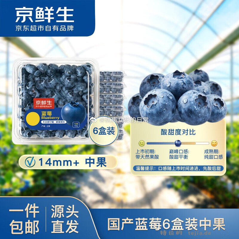 京鲜生云南蓝莓14mm+6盒装约100g/盒 39元 - 特价的