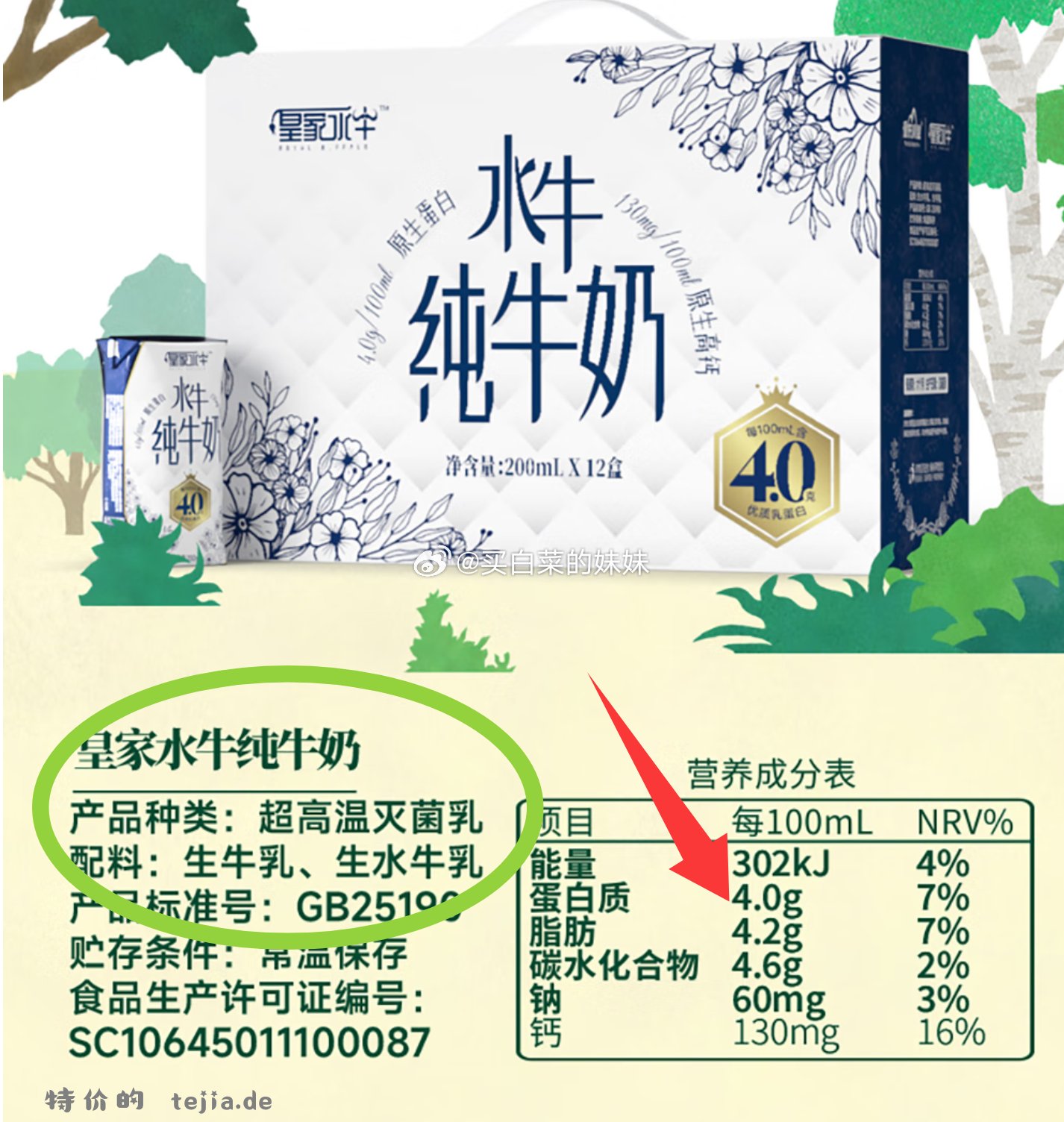 皇氏乳业皇家水牛4.0g蛋白水牛纯牛奶200ml*12盒 拍2件 39.92元 - 特价的