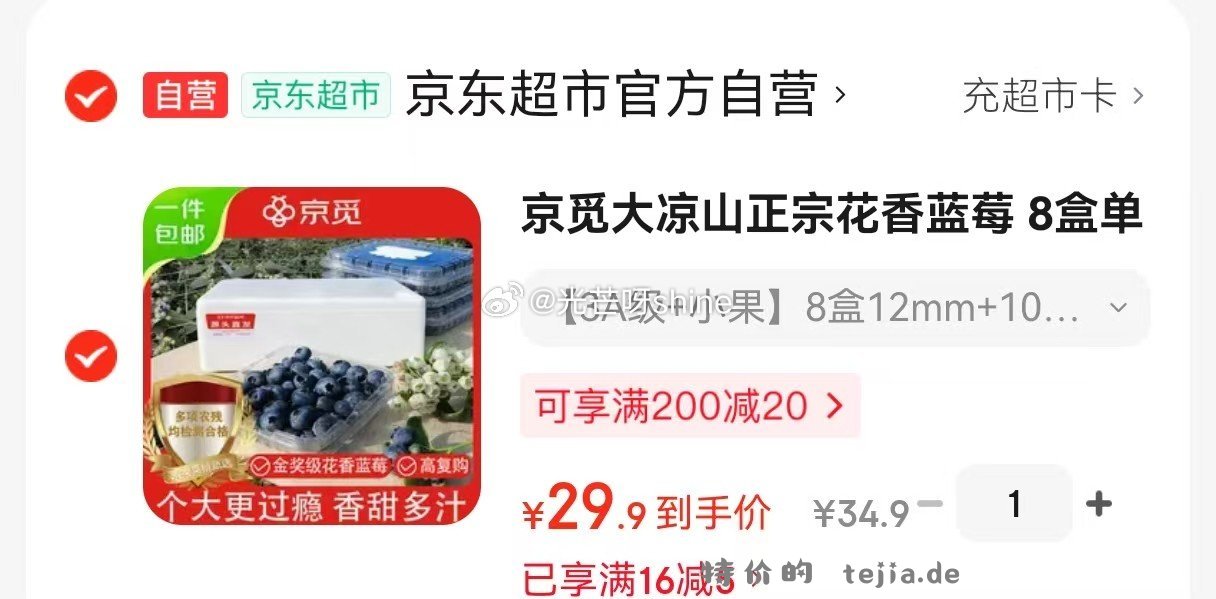 京觅大凉山正宗花香蓝莓8盒单果12mm+ 净重100g/盒 29元 - 特价的
