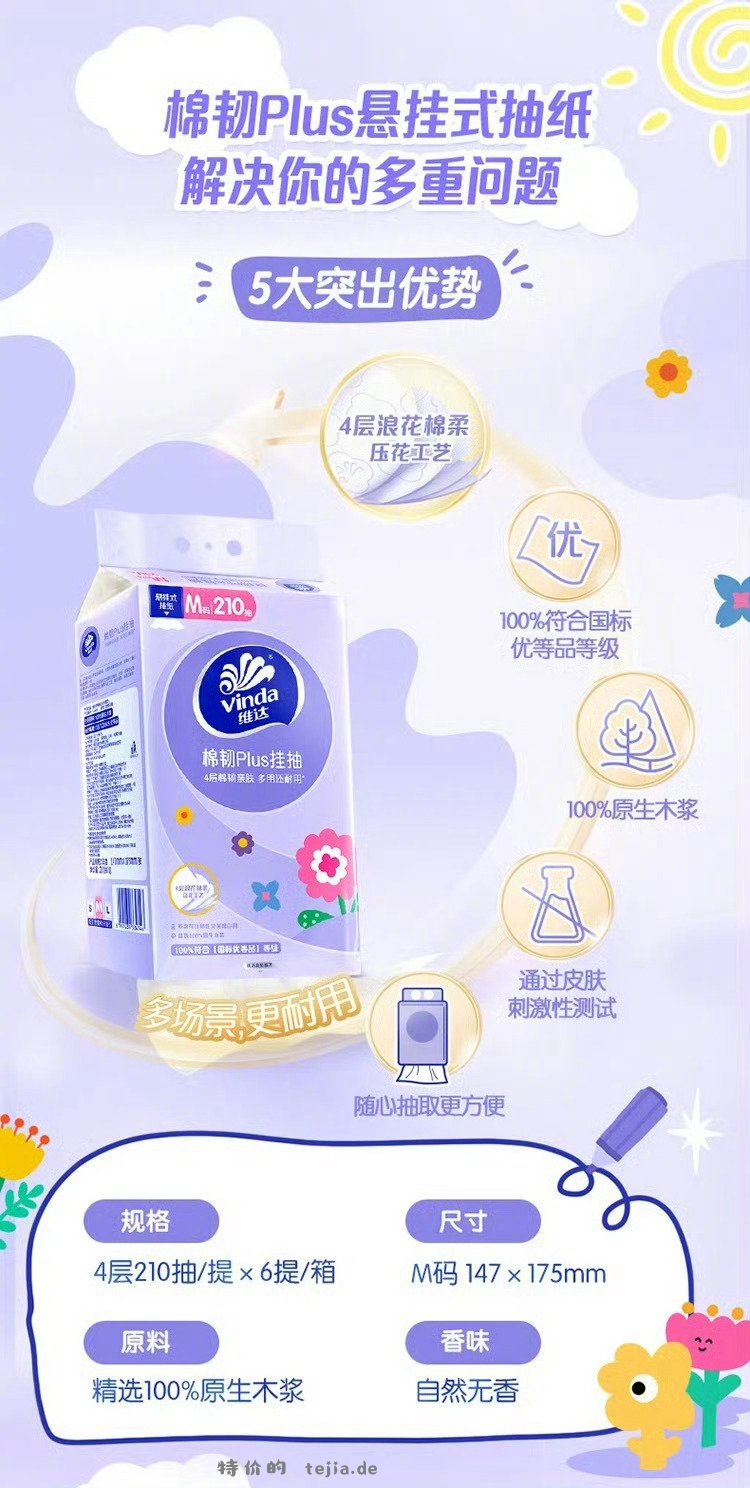 维达悬挂式棉韧抽纸210抽*6包 27元 - 特价的